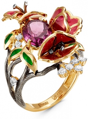 

Кольцо Цветы с кварцем, бриллиантами и эмалью из жёлтого золота