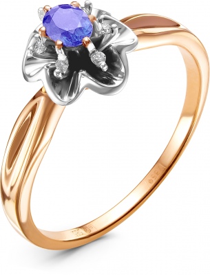 Кольцо Цветок с танзанитом и бриллиантами из красного золота