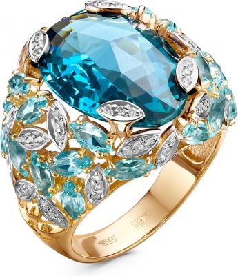 Кольцо с турмалином, топазами и бриллиантами из красного золота