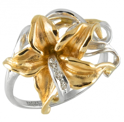 Кольцо Лилия с 3 бриллиантами из комбинированного золота
