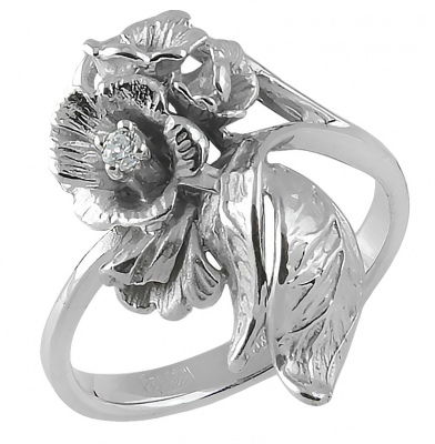 Кольцо Цветок с 1 фианитом из серебра