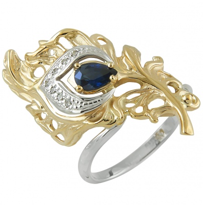 Кольцо Перо Жар-Птицы с сапфиром и бриллиантами из комбинированного золота