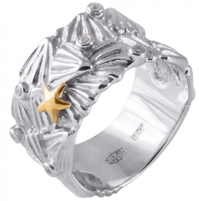 Кольцо Ракушки с 6 фианитами из серебра с позолотой