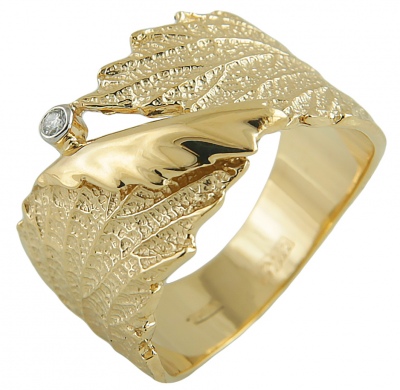 Кольцо Листок с 1 бриллиантом из жёлтого золота