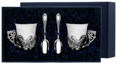 Набор чашек кофейных Глухарь+ ложки из серебра (4 предмета) набор чашек чайных натюрморт ложки 4 предмета из серебра с позолотой