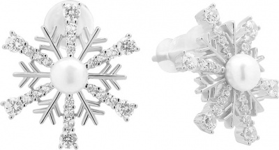 Серьги Снежинки с фианитами и жемчугом из серебра