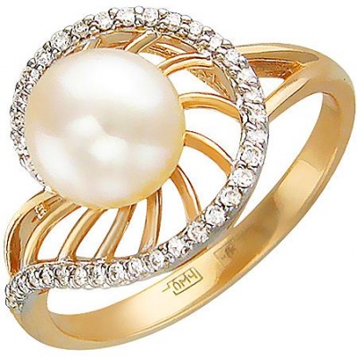 Кольцо с бриллиантами, жемчугом из красного золота