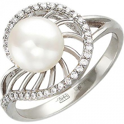 Кольцо с бриллиантами, жемчугом из белого золота
