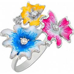 Кольцо Цветы с фианитами, эмалью из серебра