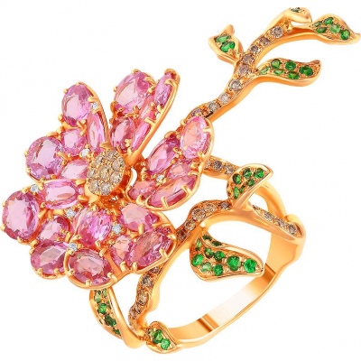 Кольцо Цветок с сапфирами, цаворитами и бриллиантами из красного золота