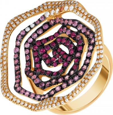 Кольцо с сапфирами, рубинами и бриллиантами из красного золота