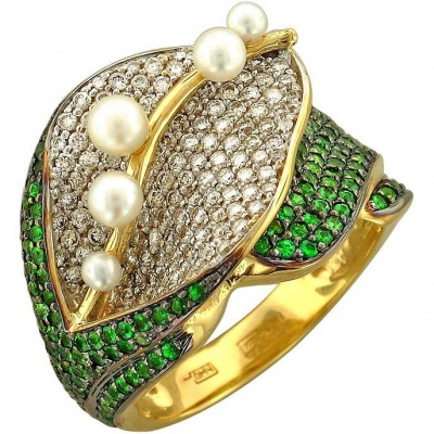 Кольцо с бриллиантами, жемчугом и тсаворитами из жёлтого золота 750 пробы
