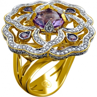 Кольцо Цветок с аметистами и бриллиантами из жёлтого золота 750 пробы