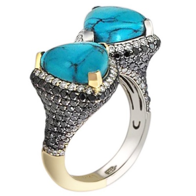 Кольцо с бриллиантами, бирюзой из комбинированного золота 750 пробы