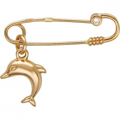 Брошь Дельфин с фианитом из красного золота