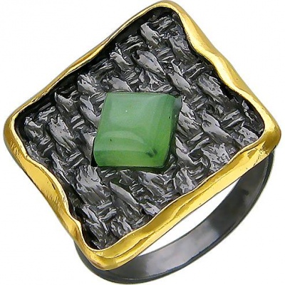 Кольцо с 1 нефритом из чернёного серебра с позолотой