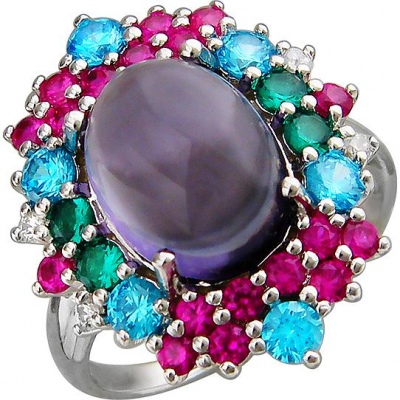 Кольцо с россыпью цветных и драгоценных камней из серебра