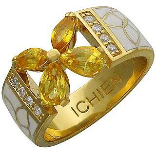 Кольцо с сапфирами, бриллиантами и эмалью из жёлтого золота 750 пробы