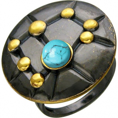 Кольцо с бирюзой из чернёного серебра с позолотой