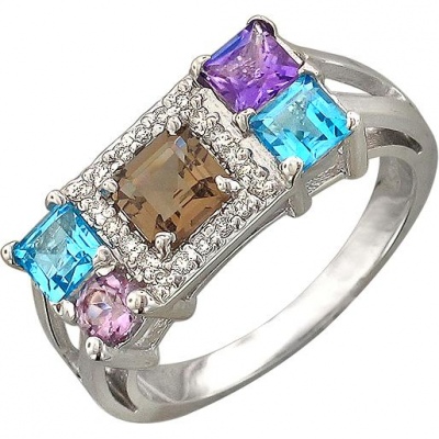 Кольцо с россыпью цветных и драгоценных камней из белого золота
