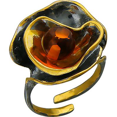 Кольцо с 1 жемчугом из чернёного серебра с позолотой