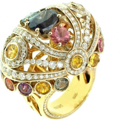 Кольцо с россыпью цветных и драгоценных камней из комбинированного золота 750 пробы