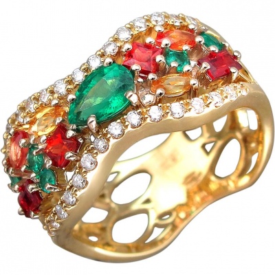 Кольцо с сапфирами, изумрудами и бриллиантами из комбинированного золота 750 пробы