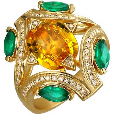 Кольцо с сапфиром, изумрудами и бриллиантами из жёлтого золота 750 пробы