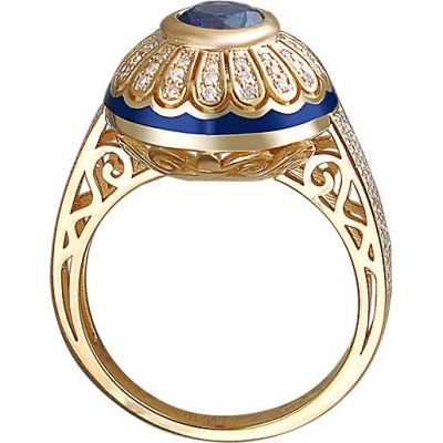Кольцо с танзанитом, бриллиантами и эмалью из жёлтого золота 750 пробы