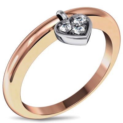 Кольцо с подвеской Сердце с бриллиантами из комбинированного золота