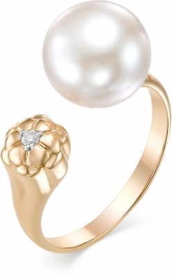 Кольцо Цветок безразмерное с жемчугом и бриллиантом из красного золота