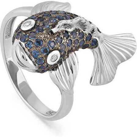 Кольцо Рыба с сапфирами и бриллиантами из белого золота (арт. 2042741)