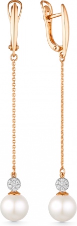 Серьги с жемчугом и фианитами из красного золота (арт. 2113813)