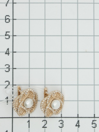 Серьги Цветы с жемчугом и фианитами из серебра с позолотой (арт. 2129246)