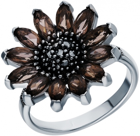 Кольцо Цветок с марказитами и раухтопазами из серебра (арт. 2140824)