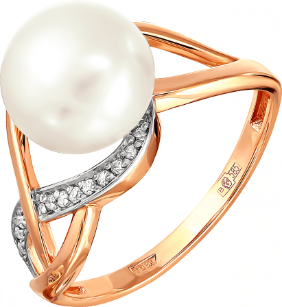 Кольцо с жемчугом и фианитами из красного золота (арт. 2170242)