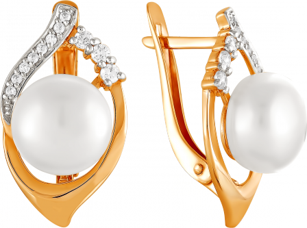 Серьги с жемчугом и фианитами из красного золота (арт. 2170272)