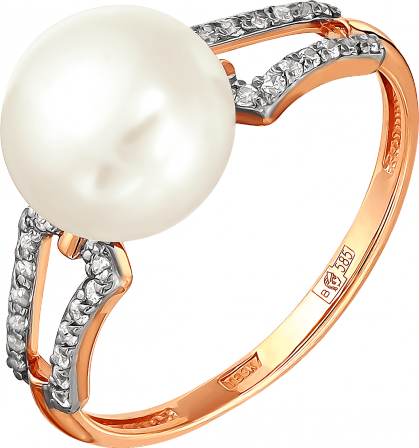 Кольцо с жемчугом и фианитами из красного золота (арт. 2170407)