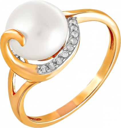 Кольцо с жемчугом и фианитами из красного золота (арт. 2170519)