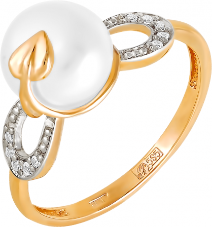Кольцо с жемчугом и фианитами из красного золота (арт. 2170531)