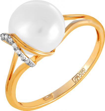 Кольцо с жемчугом и фианитами из красного золота (арт. 2170545)