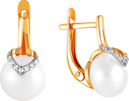 Серьги с жемчугом и фианитами из красного золота (арт. 2170546)