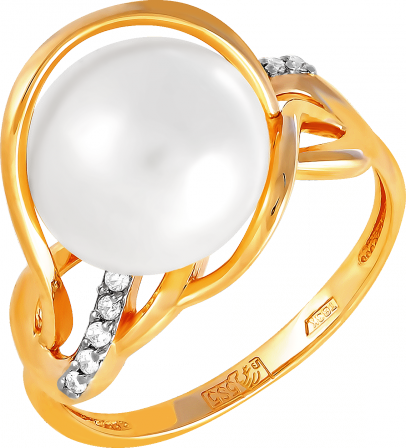 Кольцо с жемчугом и фианитами из красного золота (арт. 2170605)