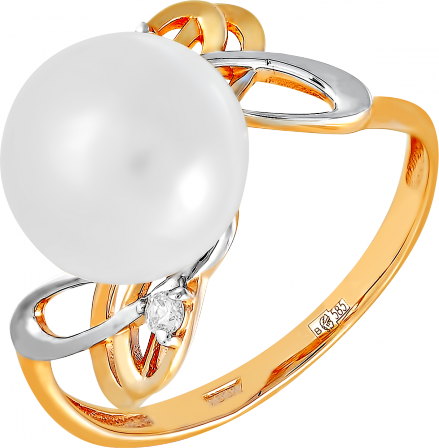 Кольцо с жемчугом и фианитами из красного золота (арт. 2170607)