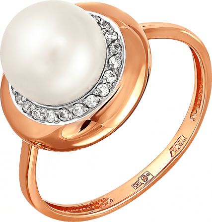 Кольцо с жемчугом и фианитами из красного золота (арт. 2170609)