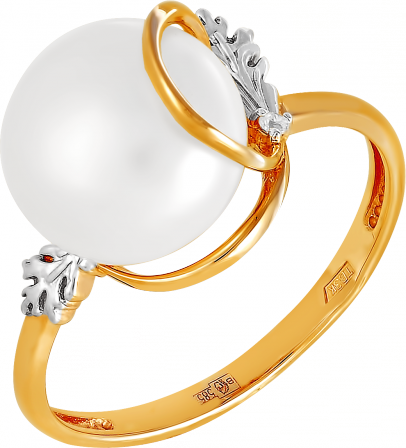 Кольцо Листики с жемчугом и фианитом из красного золота (арт. 2170628)