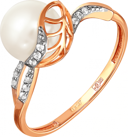 Кольцо с жемчугом и фианитами из красного золота (арт. 2170655)