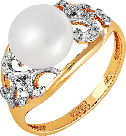 Кольцо с жемчугом и фианитами из красного золота (арт. 2170675)
