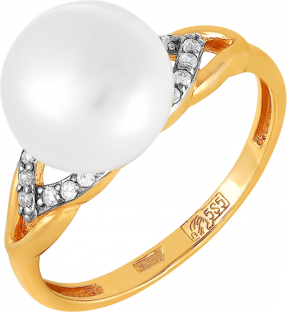Кольцо с жемчугом и фианитами из красного золота (арт. 2170689)