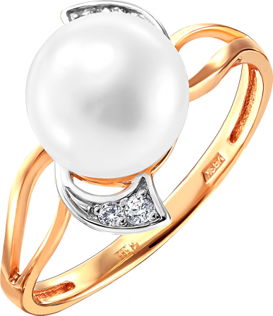 Кольцо с жемчугом и фианитами из красного золота (арт. 2170828)